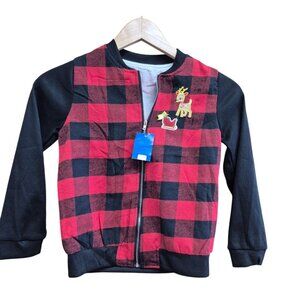 Kids Size 8/9 Red & Black Plaid Reindeer Zip-Up Jacket